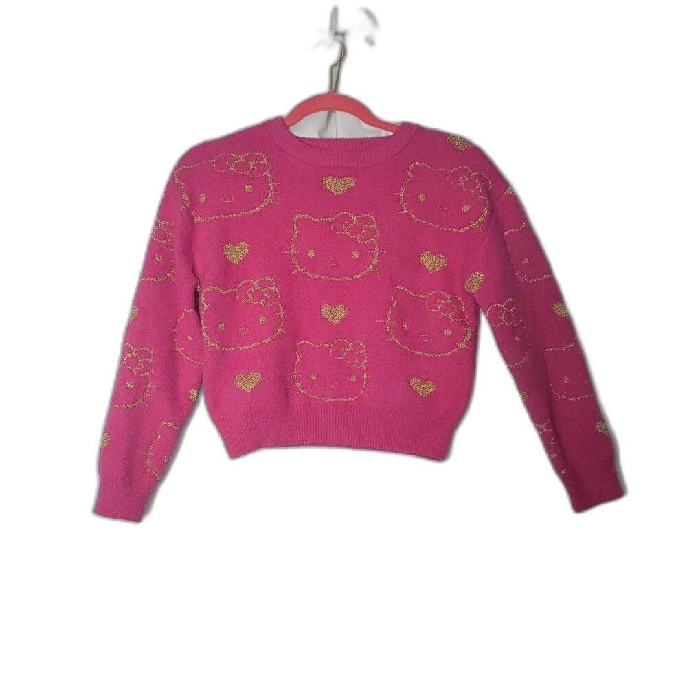 Hello Kitty Sweater Youth Large 10/12 Pink Gold Metallic Sanrio Hearts Allover